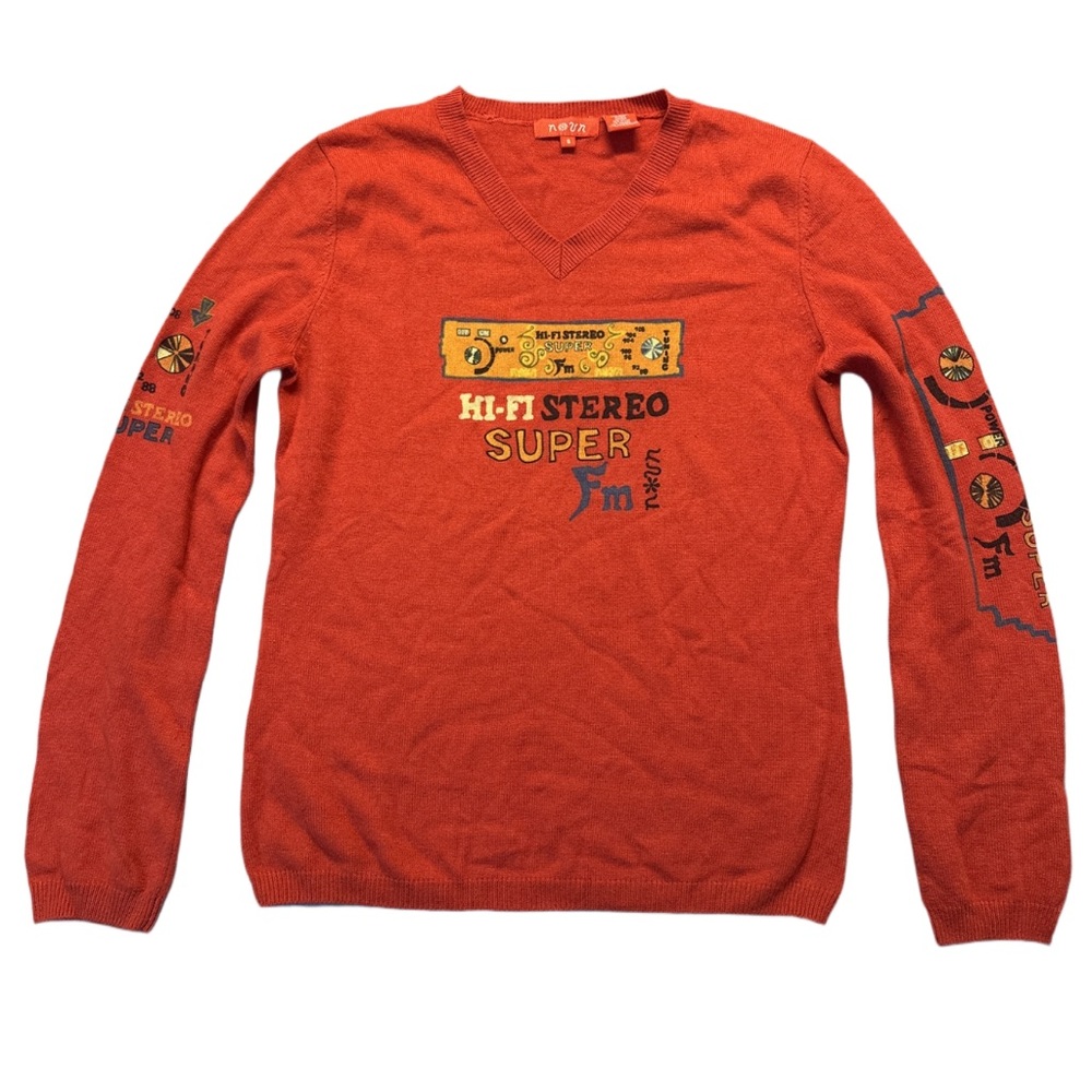 NOUN women's cashmere blend red retro stereo graphic sweater, small.
